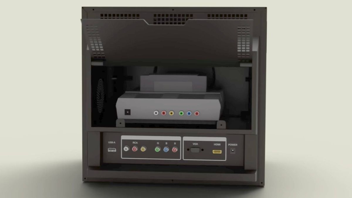 Back render of TRAVELLER ULW10 faux CRT TV with ports in view and console inside.