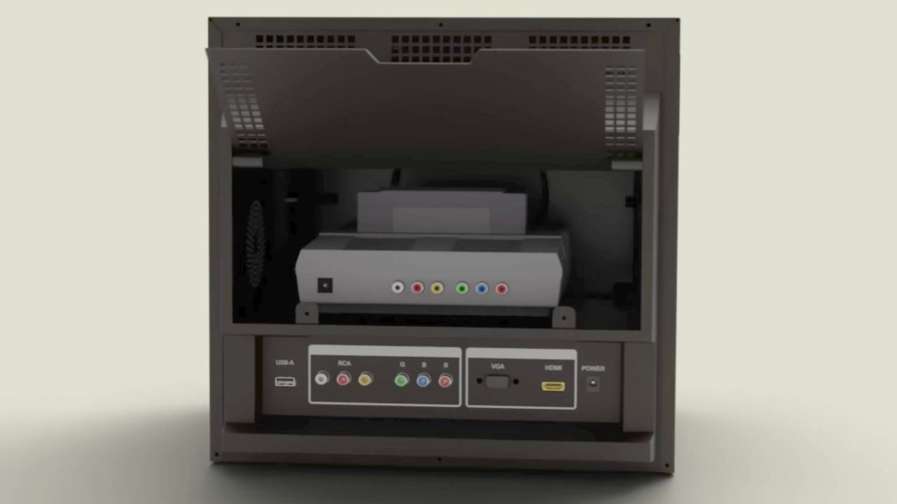 Back render of TRAVELLER ULW10 faux CRT TV with ports in view and console inside.