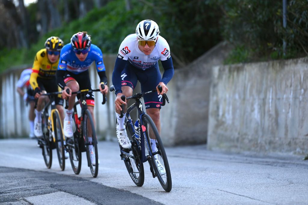 FERMO ITALY MARCH 11 LR Tadej Pogacar of Slovenia and UAE Team Emirates Blue Leader Jersey and Remco Evenepoel of Belgium and Team QuickStep Alpha Vinyl White Best Young Rider Jersey compete during the 57th TirrenoAdriatico 2022 Stage 5 a 155km stage from Sefro to Fermo 317m TirrenoAdriatico WorldTour on March 11 2022 in Fermo Italy Photo by Tim de WaeleGetty Images