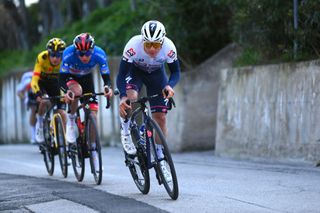 FERMO ITALY MARCH 11 LR Tadej Pogacar of Slovenia and UAE Team Emirates Blue Leader Jersey and Remco Evenepoel of Belgium and Team QuickStep Alpha Vinyl White Best Young Rider Jersey compete during the 57th TirrenoAdriatico 2022 Stage 5 a 155km stage from Sefro to Fermo 317m TirrenoAdriatico WorldTour on March 11 2022 in Fermo Italy Photo by Tim de WaeleGetty Images