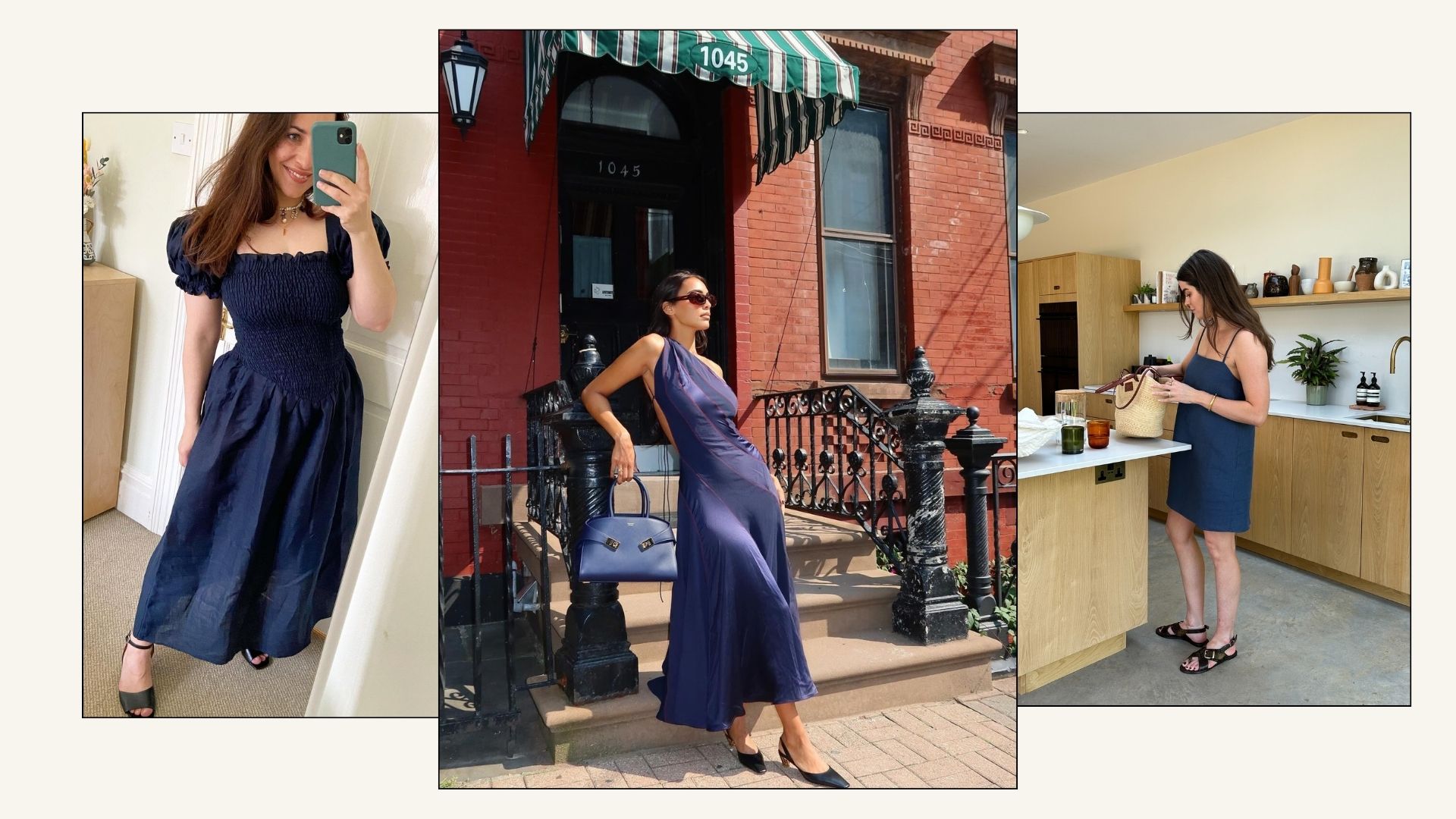 Influencers wear navy dresses with sandals and mules.