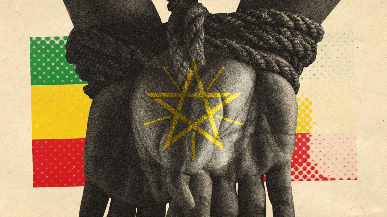 Photo collage of hands tied behind a person&#039;s back, and elements of the Ethiopian flag.