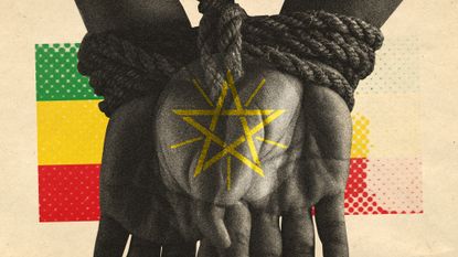 Photo collage of hands tied behind a person's back, and elements of the Ethiopian flag.
