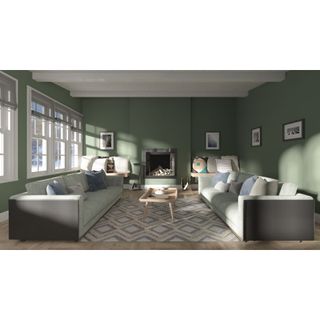 a living room rendering featuring english green