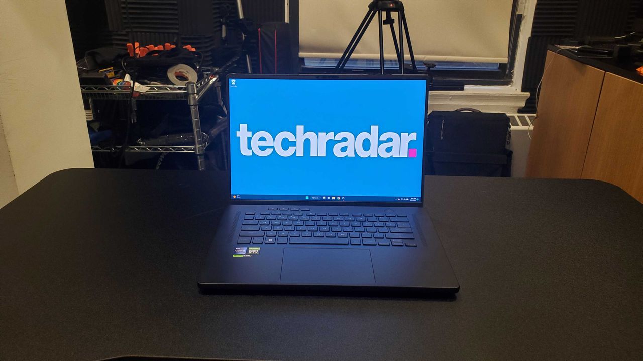 black gaming laptop with techradar logo