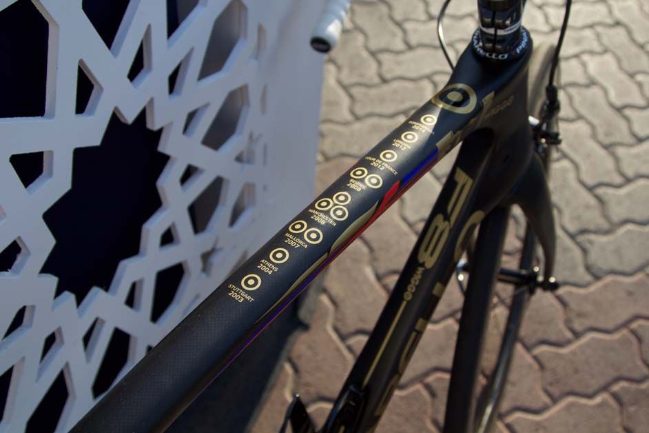 Many of Braldey Wiggins' biggest achievements are listed on his top tube