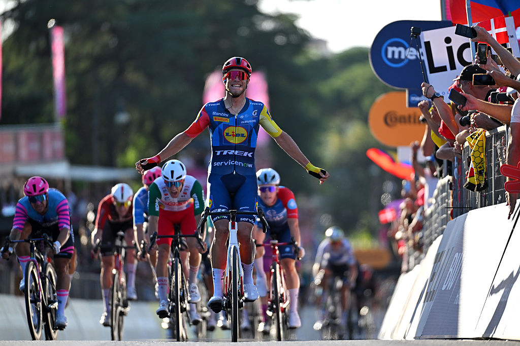 Jonathan Milan of Italy and Team Lidl - Trek celebrates at finish line as stage winner of Stage 21 (Photo by Tim de Waele/Getty Images)