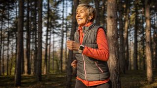 A woman jogs outdoors