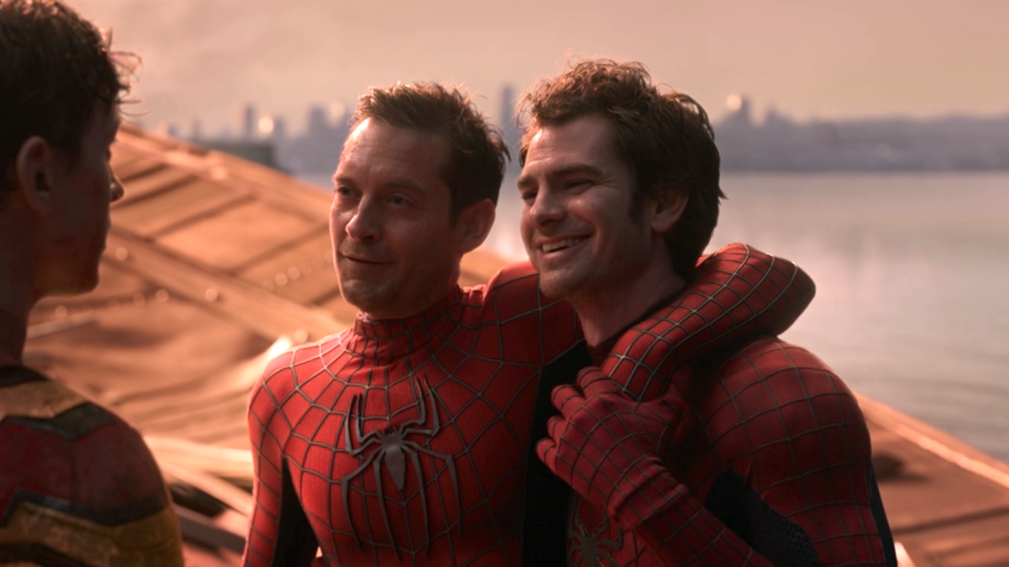 Tobey Maguire and Andrew Garfield smiling at the end of No Way Home.