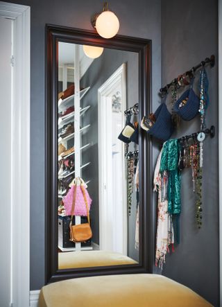 Accessories stored on rails in a closet