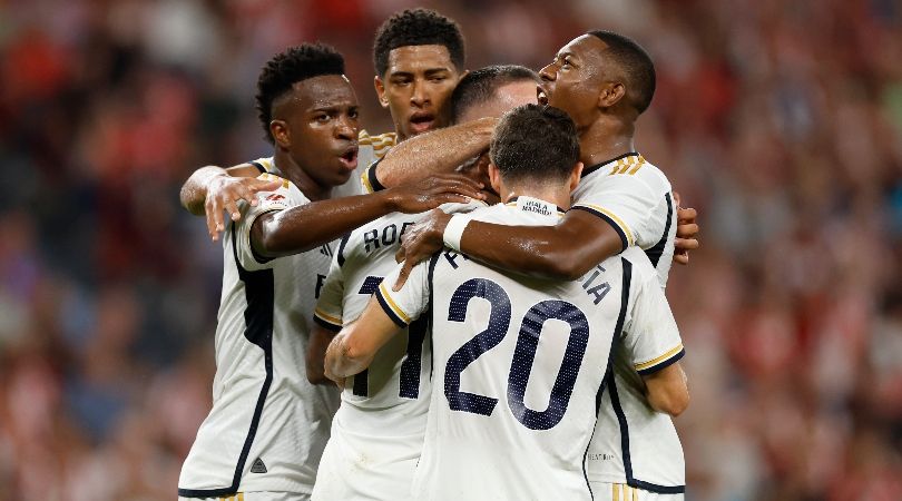 Vinicius Junior and Jude Bellingham celebrate with Rodrygo after the Brazilian&#039;s goal against Athletic Club in LaLiga in August 2023.