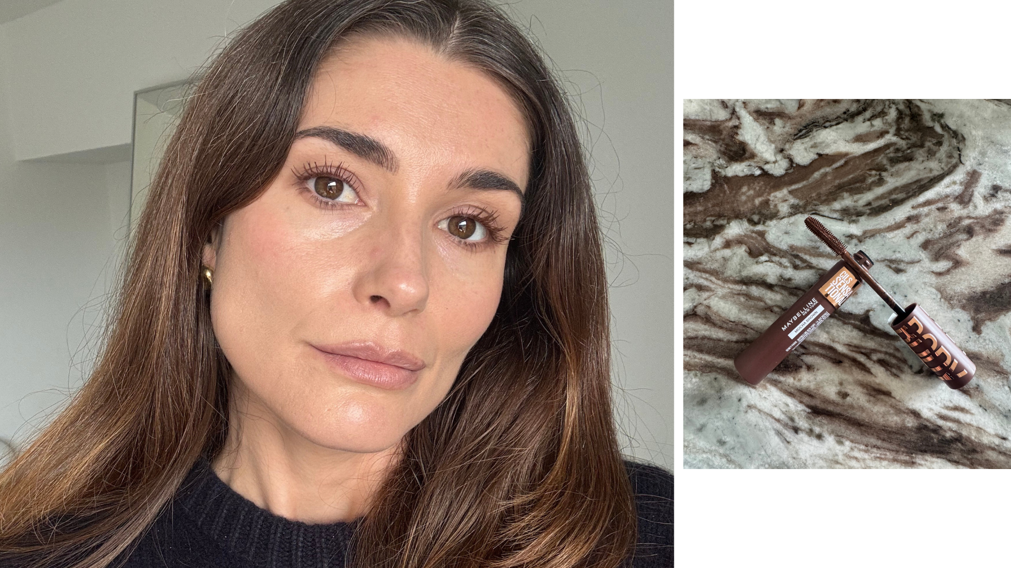 a collage with a photo of beauty editor Eleanor Vousden wearing the Maybelline brown mascara in Mocha
