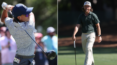 Rickie Fowler hits a driver off the tee, while Tommy Fleetwood walks across the green holding a putter