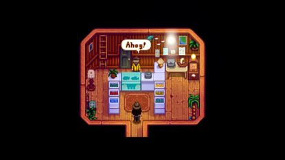Willy greets a player at his fish shop in Stardew Valley