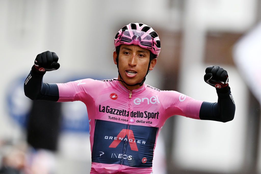 CORTINA DAMPEZZO ITALY MAY 24 Egan Arley Bernal Gomez of Colombia and Team INEOS Grenadiers Pink Leader Jersey stage winner celebrates at arrival during the 104th Giro dItalia 2021 Stage 16 a 153km stage shortened due to bad weather conditions from Sacile to Cortina dAmpezzo 1210m girodiitalia Giro on May 24 2021 in Cortina dAmpezzo Italy Photo by Stuart FranklinGetty Images