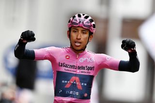 CORTINA DAMPEZZO ITALY MAY 24 Egan Arley Bernal Gomez of Colombia and Team INEOS Grenadiers Pink Leader Jersey stage winner celebrates at arrival during the 104th Giro dItalia 2021 Stage 16 a 153km stage shortened due to bad weather conditions from Sacile to Cortina dAmpezzo 1210m girodiitalia Giro on May 24 2021 in Cortina dAmpezzo Italy Photo by Stuart FranklinGetty Images