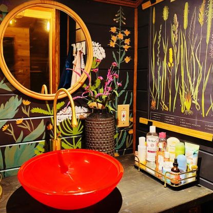 bathroom makeover with red sink