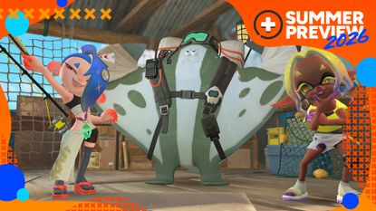 Shiver, Big Man, and Frye - two cartoon squidlings and a manta ray - pose in a wooden area, with the orange GamesRadar+ Summer Preview 2026 frame