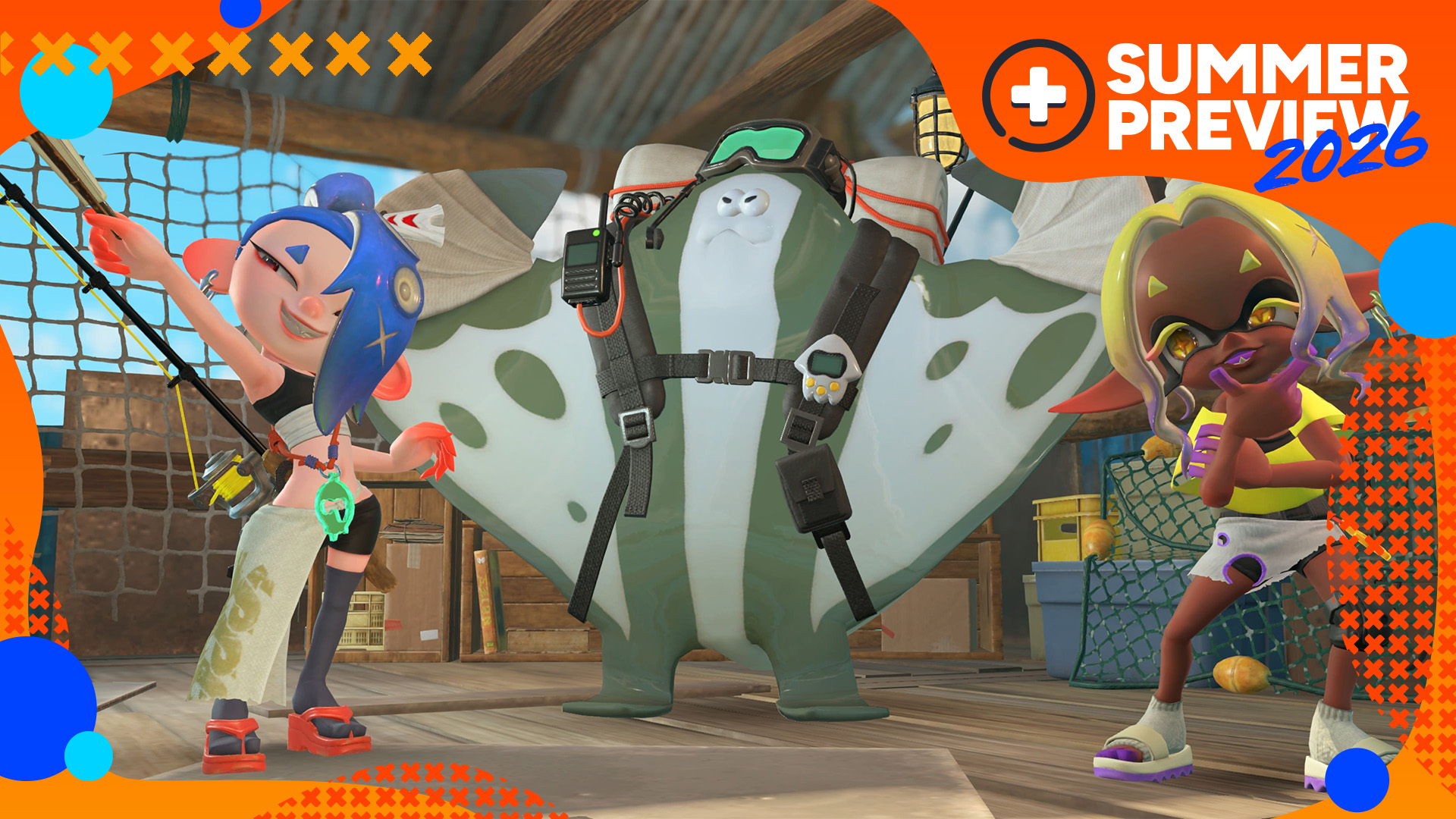 Shiver, Big Man, and Frye - two cartoon squidlings and a manta ray - pose in a wooden area, with the orange GamesRadar+ Summer Preview 2026 frame