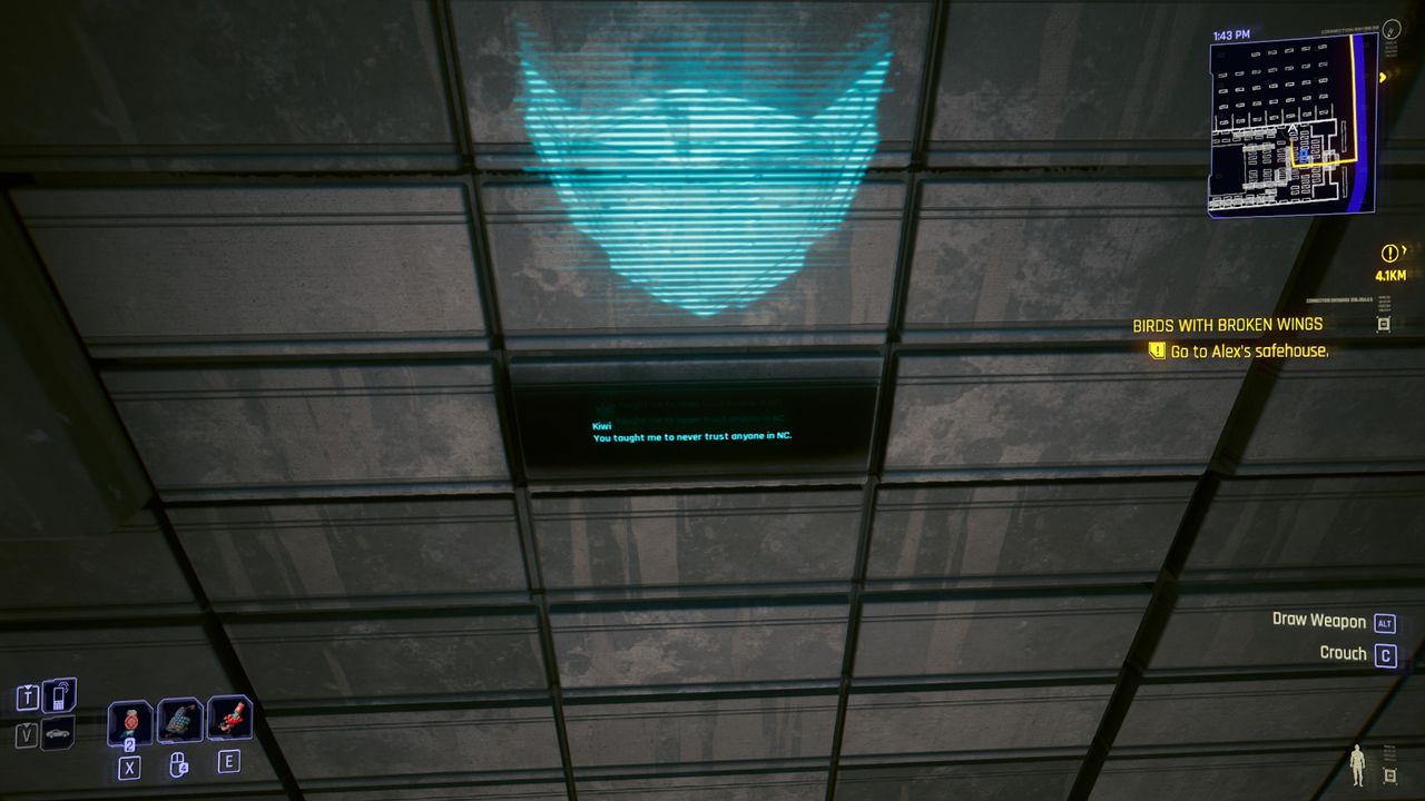 A memorial in Cyberpunk 2077 that reads: "Kiwi: You taught me never to trust anyone in NC."