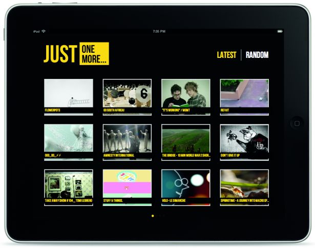 The ‘Just One More’ app pulls in the latest (or random) videos from Vimeo’s ‘Staff Picks’ channel