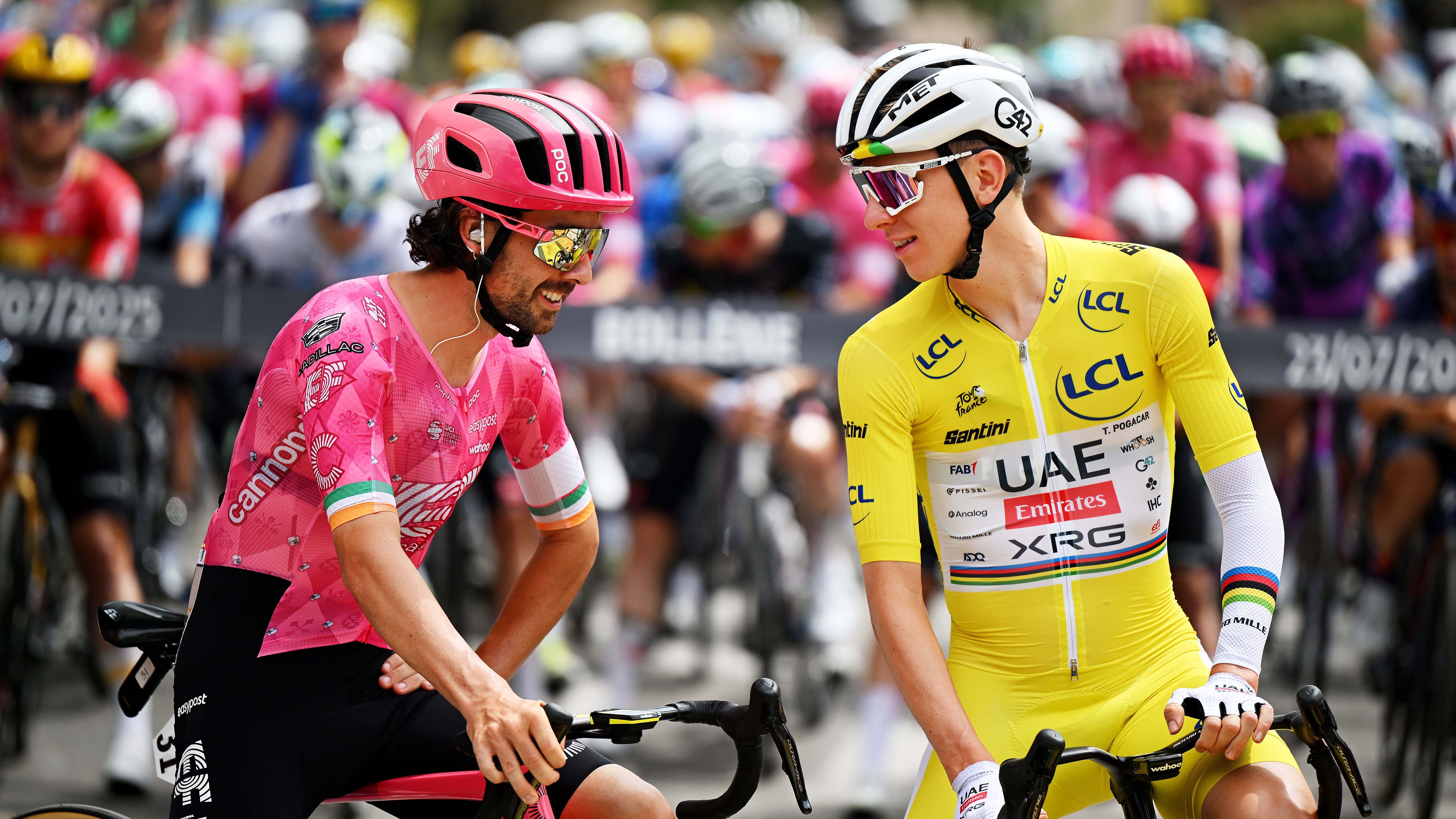 Ben Healy of Ireland and Team EF Education - EasyPost most combative rider prize winner and Tadej Pogacar of Slovenia and UAE Team Emirates - XRG - Yellow leader jersey prior to the 112th Tour de France 2025, Stage 17 