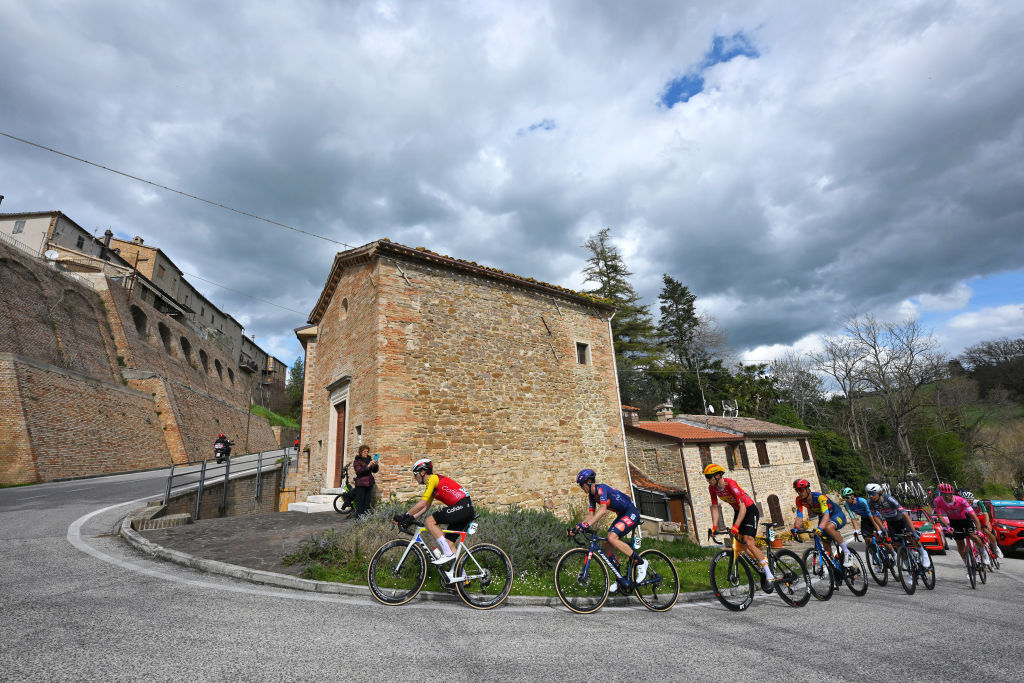 FRONTIGNANO, ITALY - MARCH 15: Gianni Vermeersch of Belgium and Team Alpecin - Deceuninck, Benjamin Thomas of France and Team Cofidis, Andrea Vendrame of Italy and Decathlon Ag2R La Mondiale Team, Samuele Battistella of Italy and Team EF Education &amp;ndash; Easypost, Jasper Stuyven of Belgium and Team Lidl - Trek, Christopher Hamilton of Australia and Team Picnic PostNl, Andrea Pietrobon of Italy and Team Polti VisitMalta and Magnus Cort Nielsen of Denmark and Team Uno-X Mobility compete in the breakaway passing Nidastore village area during the 60th Tirreno-Adriatico 2025, Stage 6 a 163km stage from Cartoceto to Frontignano 1324m / #UCIWT / on March 15, 2025 in Frontignano, Italy. (Photo by Tim de Waele/Getty Images)