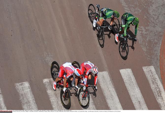 Europcar's Thomas Voeckler and Kevin Reza beside Katusha teammates Joaquim Rodriguez and Luca Paolini