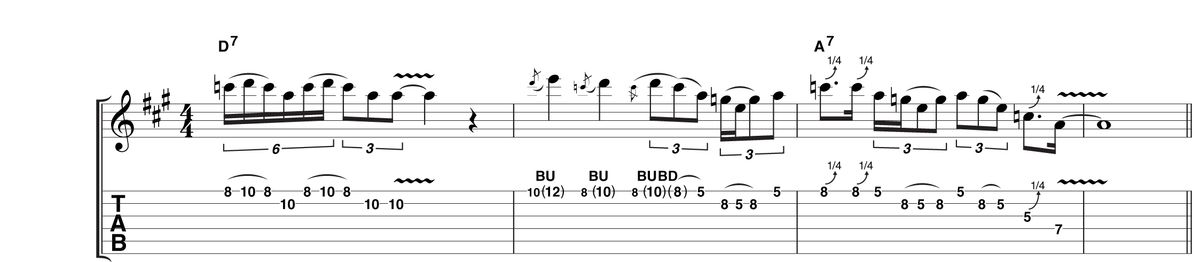 Shifting up another gear, you can hear how this kind of phrasing must have influenced a young Jimi Hendrix. Though this is pretty racy stuff, make sure your timing is together or you won't be able to jump in and out of the more rhythmic sections convincingly.