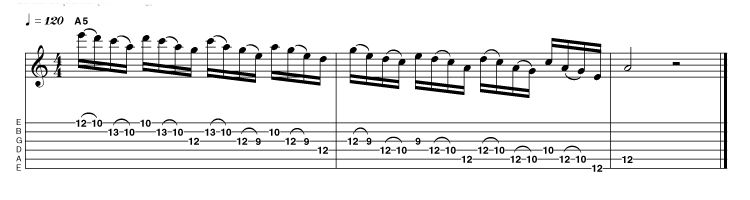 This idea is based around a descending sequence of four. While it's a great idea to move these ideas through a complete scale in its entire range, you may find it more effective to use just a short fragment of each pattern.