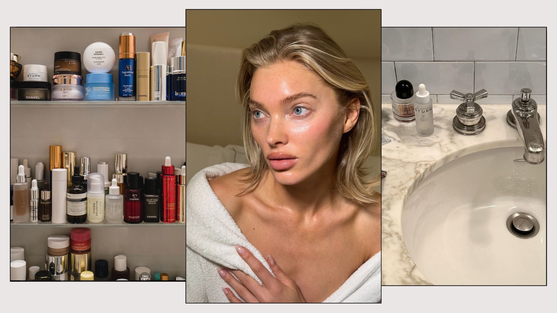 A collage with three photos including a shelfie of skincare products, a photo of Elsa Hosk wearing a white dressing gown and a marble sink with beauty products scattered on it