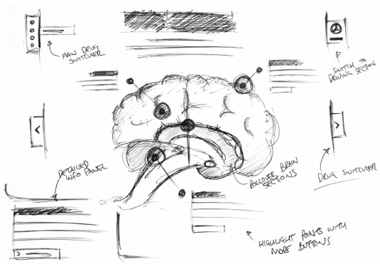 The Brain section was so strong that Epiphany discussed making it the lead area of the site. The layout remained largely the same from sketch to finished piece.