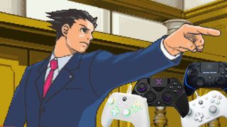 Phoenix Wright objection screenshot with multiple PS5 and Xbox controllers under his arm