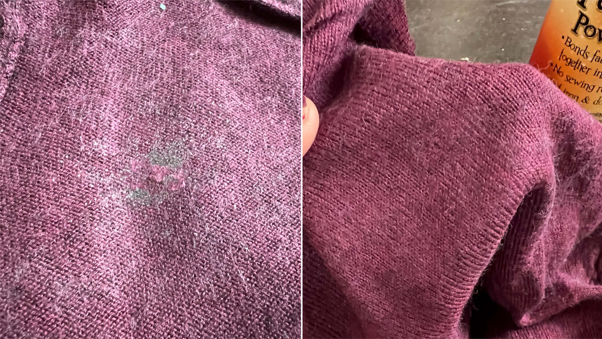 Inside of sweater after hole has been fixed and the outside view