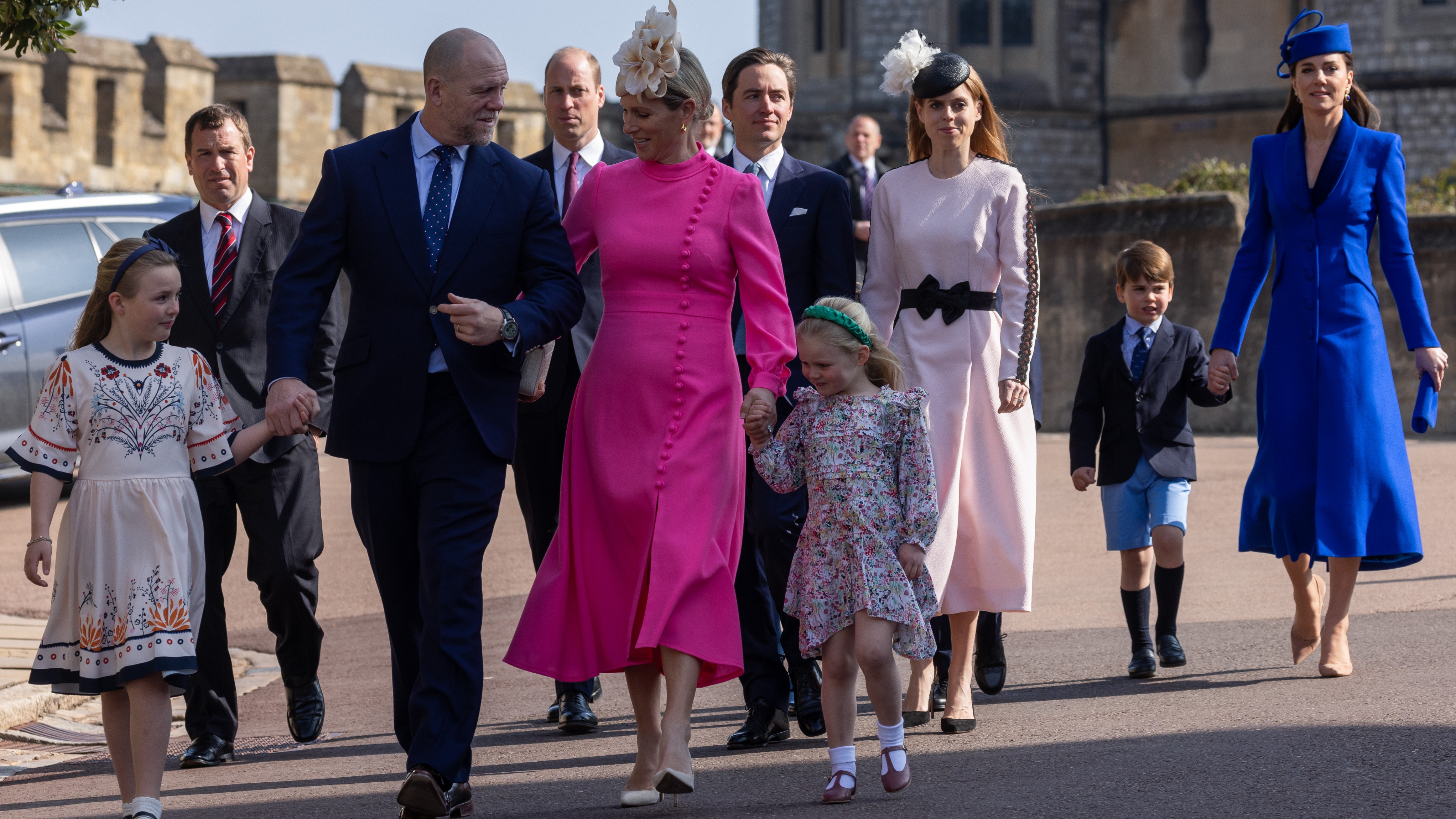 Mike Tindall and Zara Tindall arrive with other members of the Royal Family to attend the Easter Sunday church service at St George's Chapel in Windsor Castle on 9 April 2023