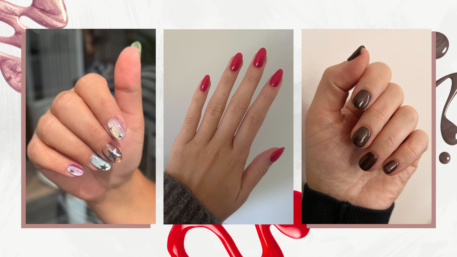 On the left, is a close up of Social Media Editor, Luisa Rossi&#039;s shimmery cat-eye and star manicure, followed by a picture of Digital Beauty Writer, Sennen Prickett&#039;s hand, which features a bright red, almond-shaped manicure and on the right, a picture of Digital Beauty Writer, Fiona McKim&#039;s shimmery dark brown cola nails/ all featured in a white and grey marbled template with pink, red and brown nail polish spills