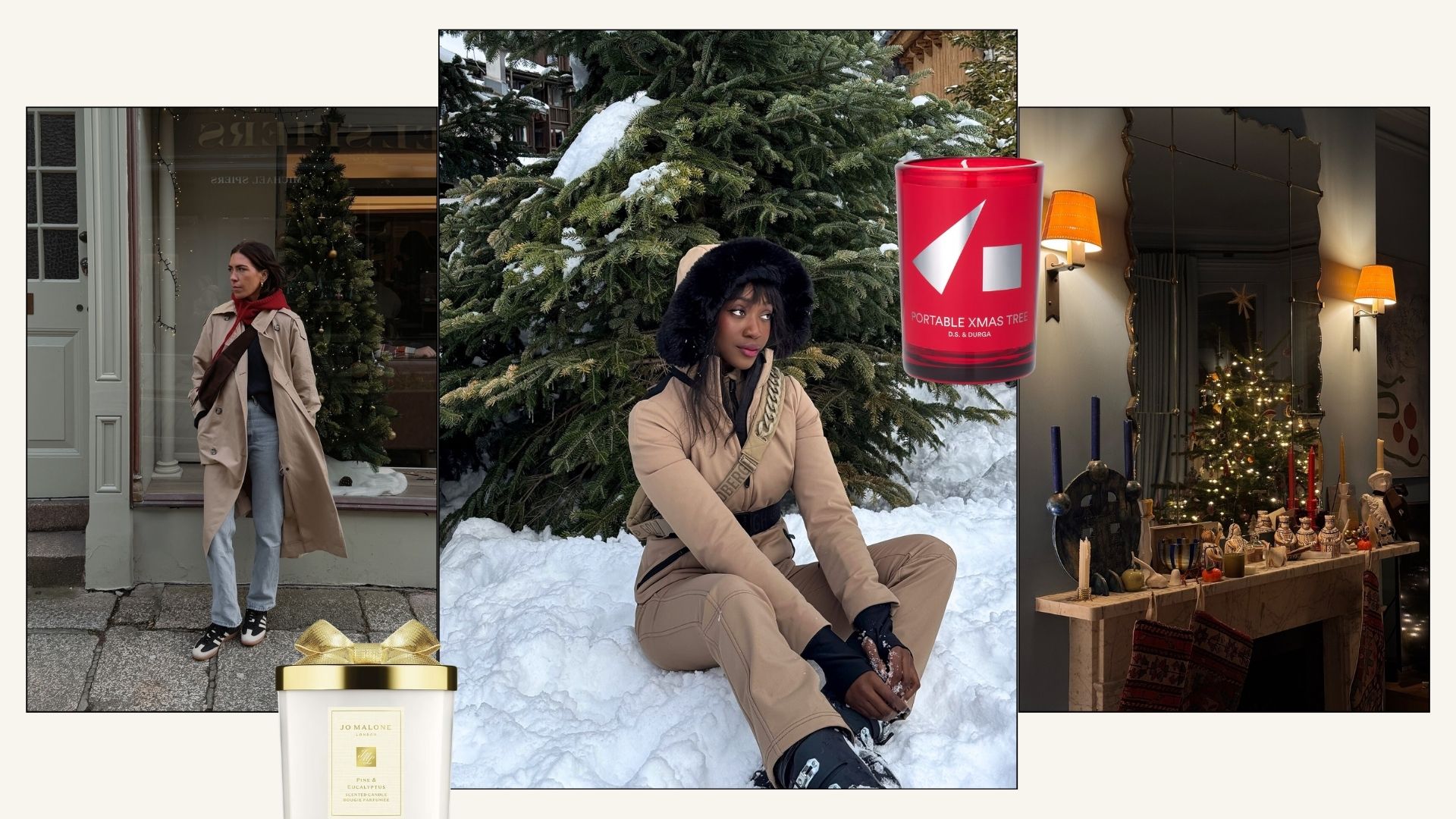 A collage with pictures of influencers amongst Christmas trees and snows, and a photo of a festive fireplace