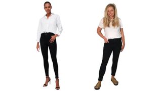 two women in high waisted skinny jeans