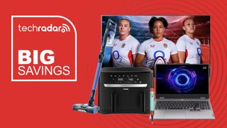 LG TV, Lenovo laptop, Dyson airstraight, Tefal air fryer and Shark vacuum on a red background
