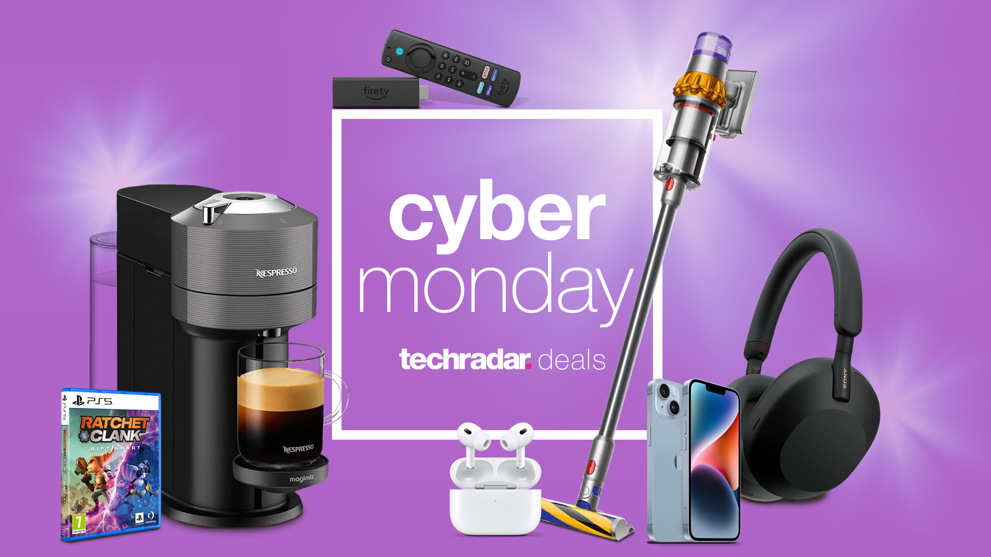 Assorted tech products on a purple background with 'Cyber Monday deals' text overlay