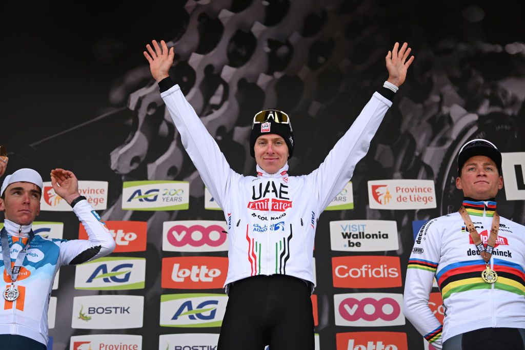 LIEGE BELGIUM APRIL 24 LR Romain Bardet of France and Team dsmfirmenich PostNL on second place race winner Tadej Pogacar of Slovenia and UAE Team Emirates and Mathieu van der Poel of The Netherlands and Team Alpecin Deceuninck on third place pose on the podium ceremony after the 110th Liege Bastogne Liege 2024 Mens Elite a 2545km one day race from Liege to UCIWT on April 24 2024 in Liege Belgium Photo by Dario BelingheriGetty Images