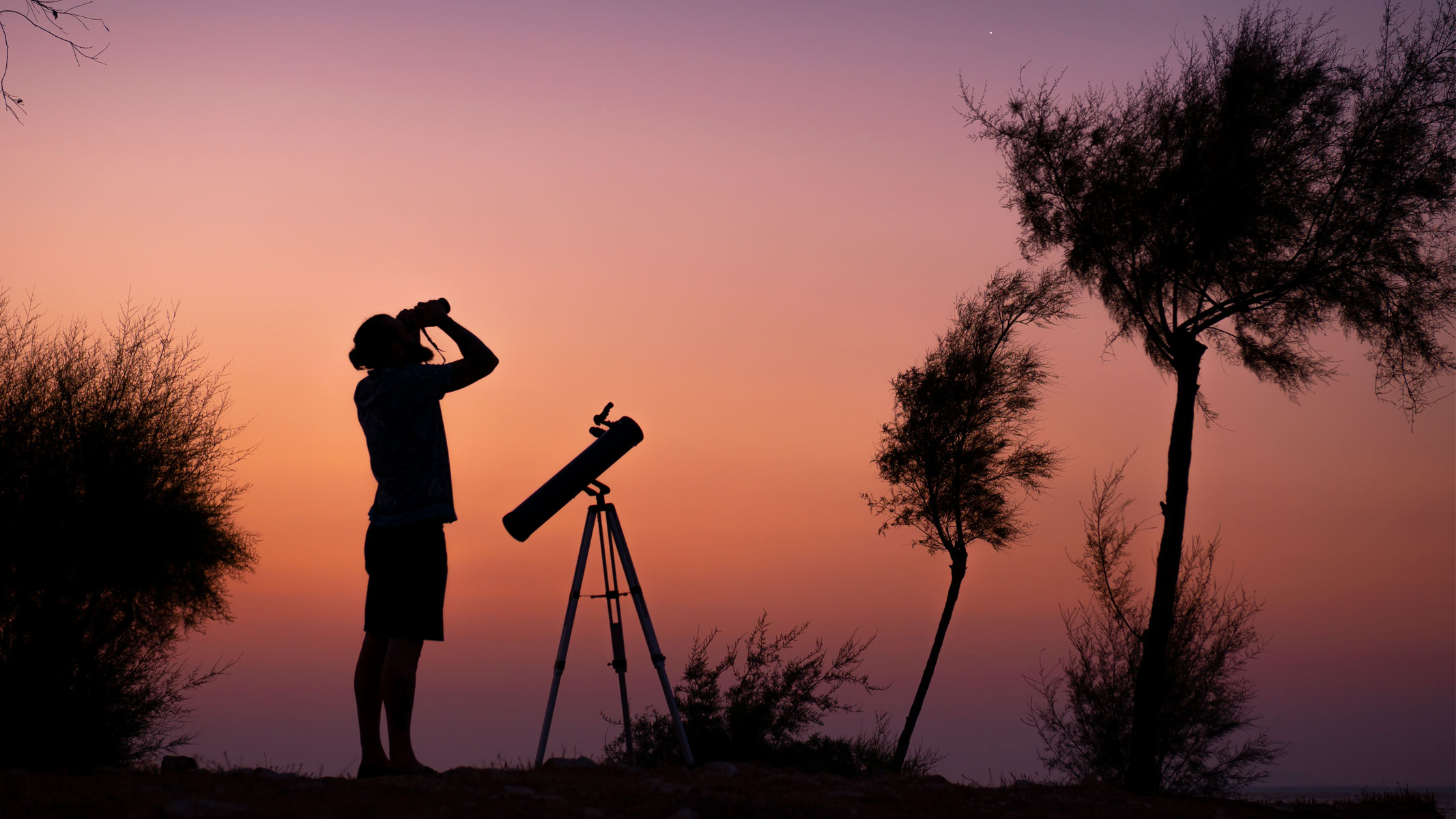 A man using binoculars and a telescope to view the sky. The sky is orange and purple, with the picture framed by trees and bushes.
