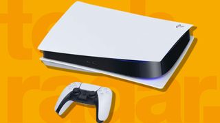 Best gaming console: a PS5 on a yellow background
