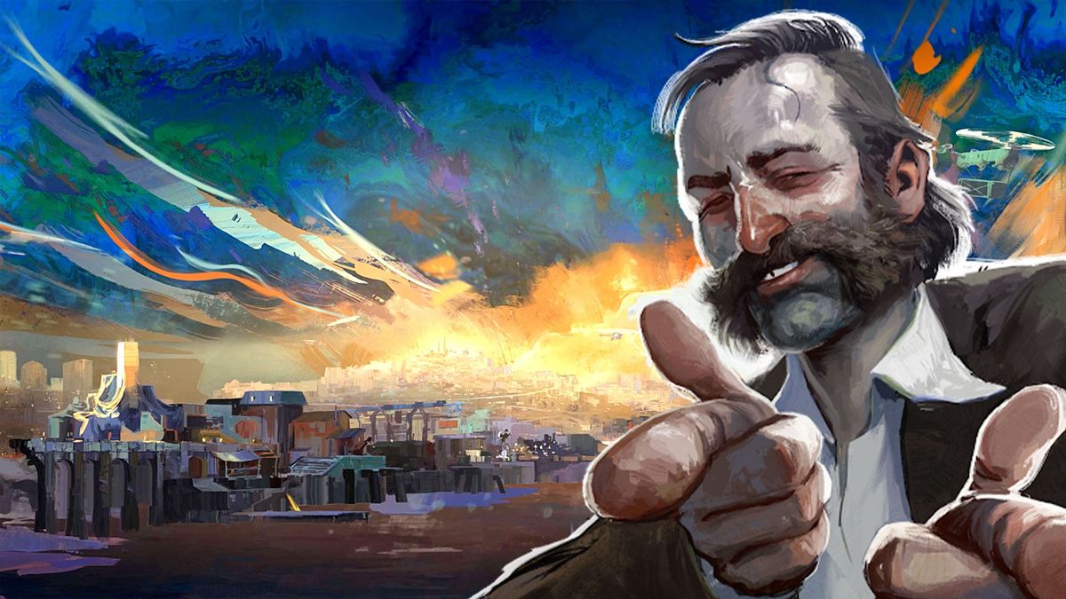 Disco Elysium hero smiling at the viewer and giving a double thumbs up gesture