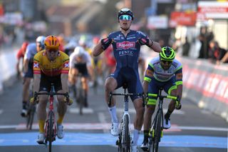 DOUR BELGIUM MARCH 02 Arrival Tim Merlier of Belgium and Team AlpecinFenix Celebration Rasmus Tiller of Norway and UnoX Pro Cycling Team Andrea Pasqualon of Italy and Team IntermarchWantyGobert Matriaux during the 53rd Grand Prix Le Samyn 2021 Mens Elite a 2054km race from Quaregnon to Dour GPSamyn on March 02 2021 in Dour Belgium Photo by Luc ClaessenGetty Images