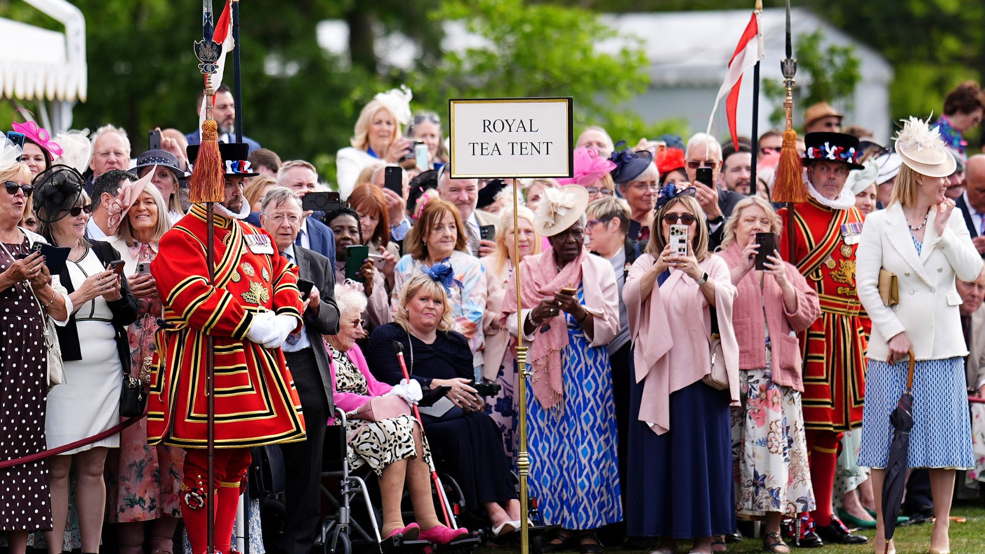 Yeomen of the Guard and guests during a Royal Garden Party at Buckingham Palace on May 12, 2026