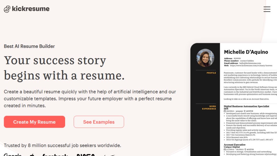 KickResume website screenshot (September 2025).