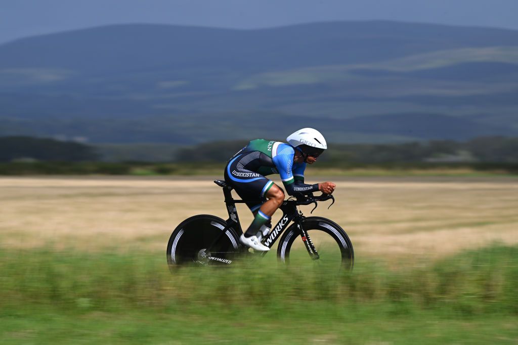 STIRLING SCOTLAND AUGUST 11 Muradjan Khalmuratov of Uzbekistan sprints during the Men Elite Individual Time Trial a 478km race from Stirling to Stirling at the 96th UCI Cycling World Championships Glasgow 2023 Day 9 UCIWT on August 11 2023 in Stirling Scotland Photo by Dario BelingheriGetty Images