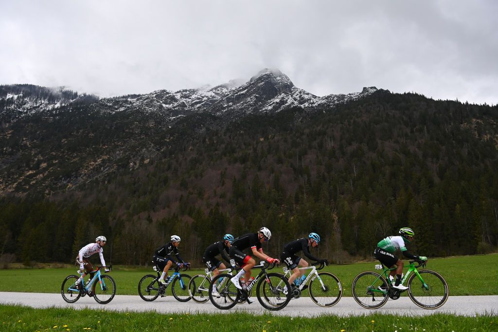 ALPBACH AUSTRIA APRIL 17 General view of the Moran Vermeulen of Austria and Team Austria Mulu Hailemichael of Ethiopia and Team Caja RuralSeguros RGA Andrea Garosio of Italy and EoloKometa Cycling Team Valentin ParetPeintre of France and Ag2R Citron Team Alex Martin of Spain and EoloKometa Cycling Team and Sergio Samitier of Spain and Movistar Team competing in the breakaway through a mountainous landscape during the 46th Tour of the Alps 2023 Stage 1 a 1275km stage from Rattenberg to Alpbach 984m on April 17 2023 in Alpbach Austria Photo by Tim de WaeleGetty Images