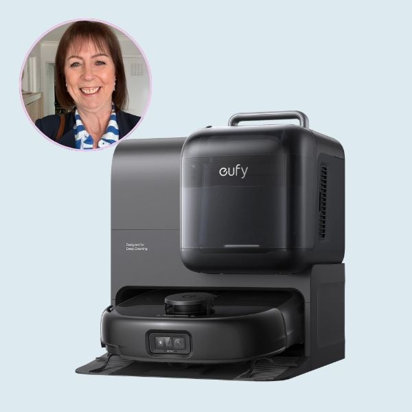 eufy Omni E28 Robot Vacuum &amp; Mop, with an inset portrait of the tester.